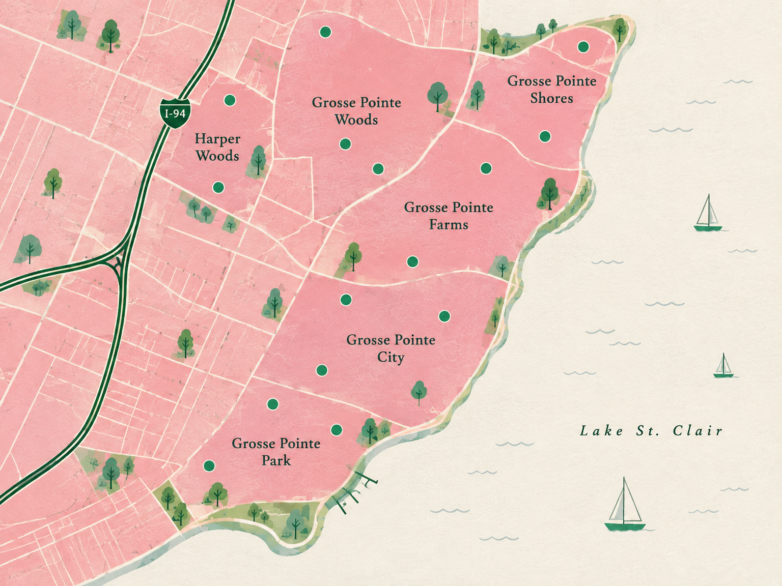 An original illustrated map of the five Grosse Pointes and Harper Woods, with I-94 and school markers